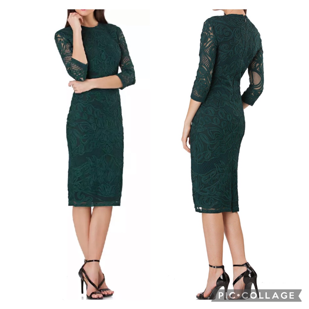 Js Collections 3/4 Sleeve Satouche Forest Green Lace Plus Size 14w Midi Dress